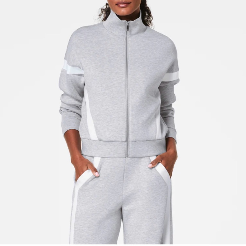 Spanx Gray and White Track Jacket and Pants Set Medium Tall